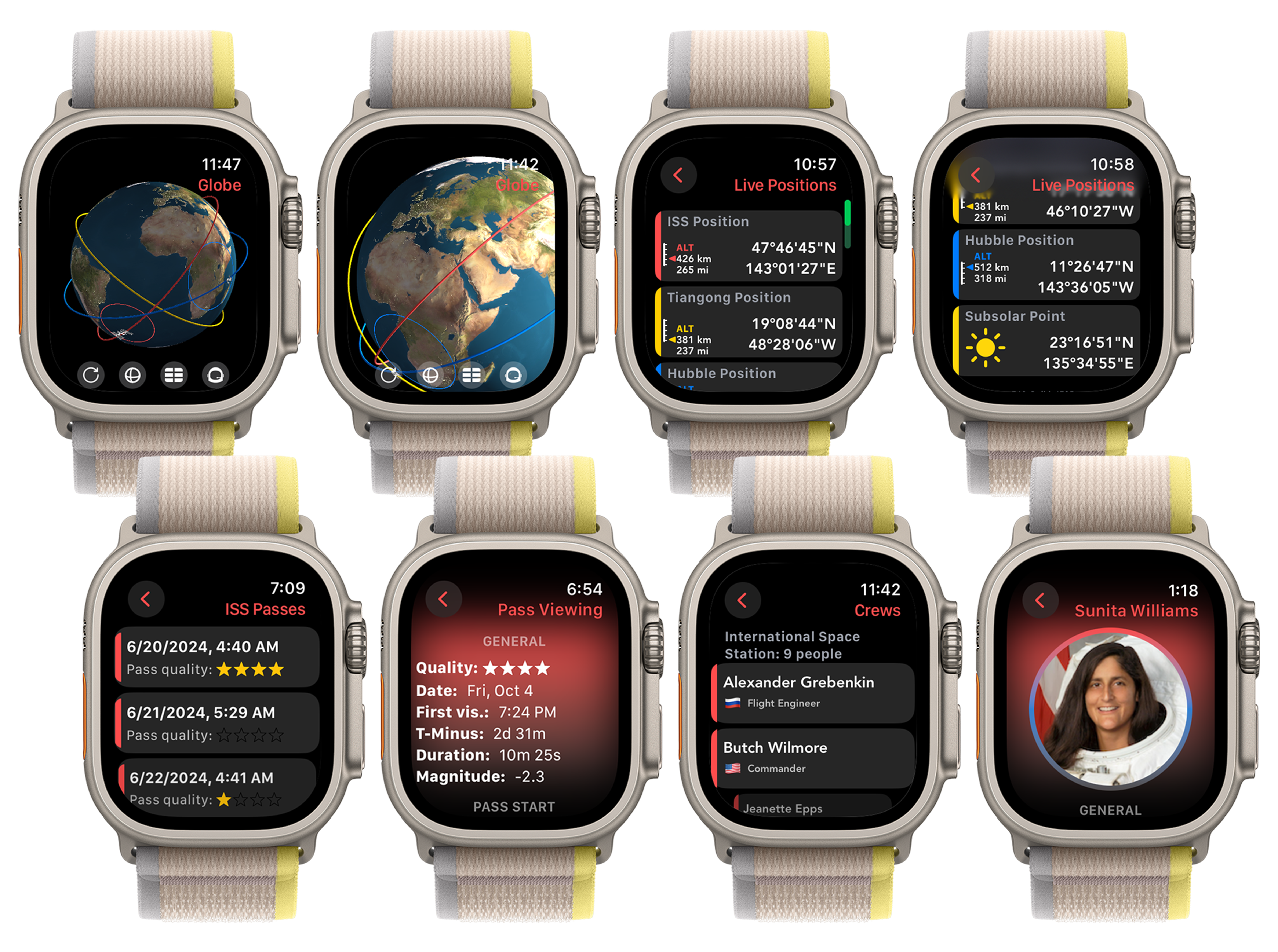 ISS tracking and Chinese Space Station tracking and Hubble Space Telescope tracking for Apple Watch. Get passes for your location.