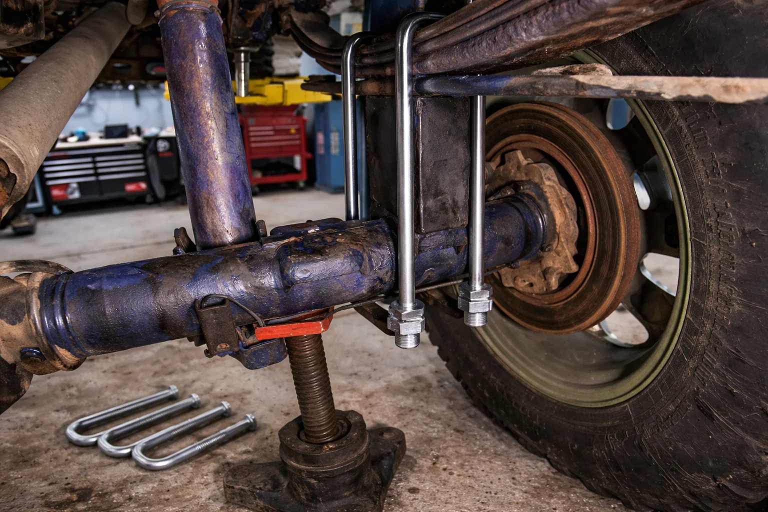 U-bolts installed on truck axle