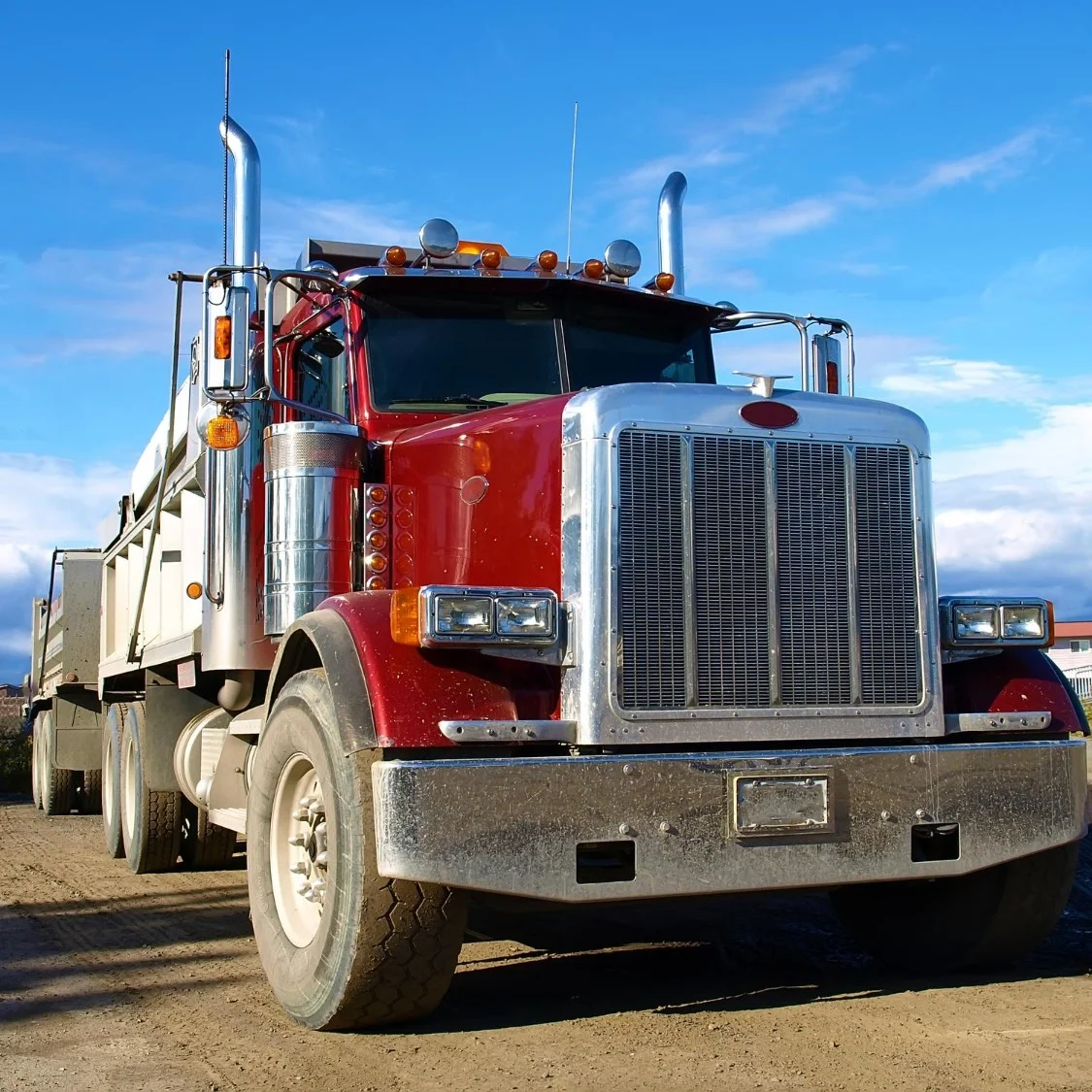 Red Peterbilt classic semi awaiting service