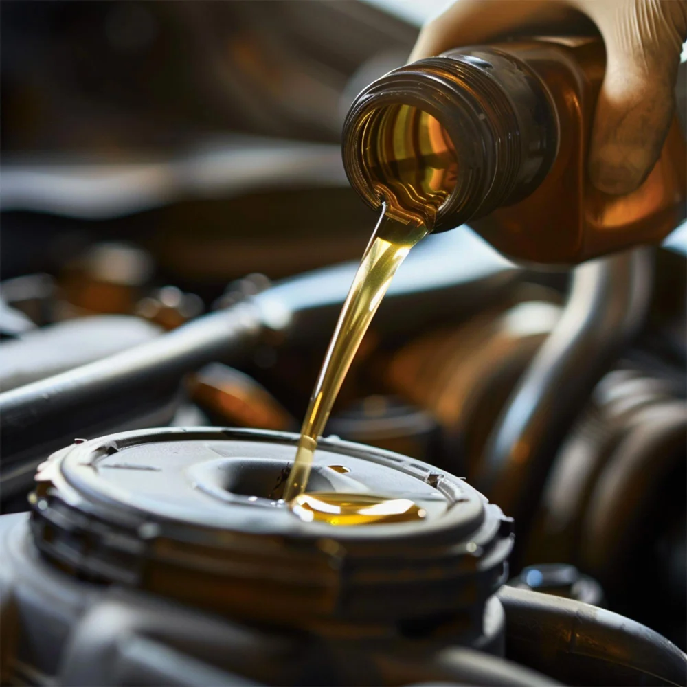 Pouring fresh transmission fluid into engine