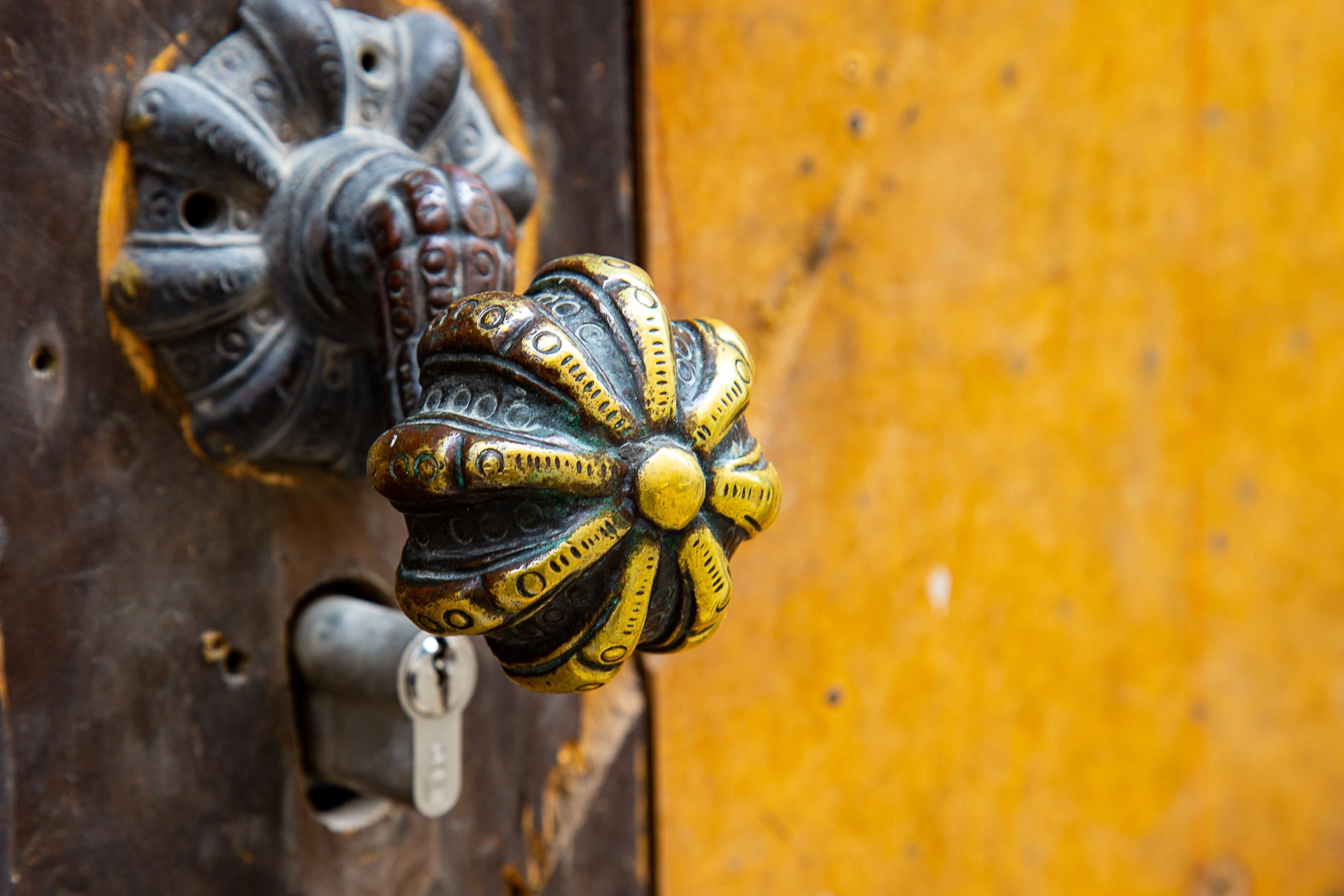 A decorative brass door knob with intricate patterns, mounted on a wooden door. Vienna, Austria