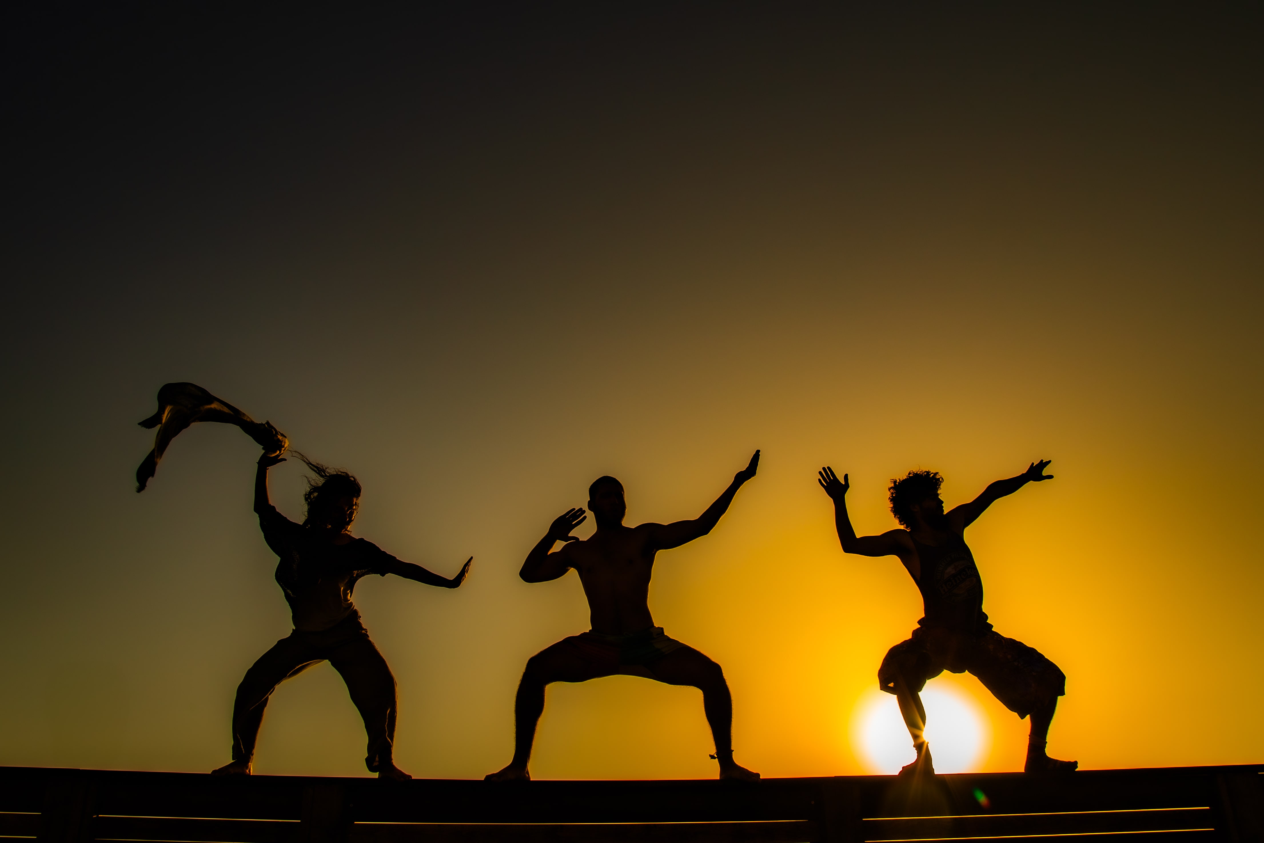 Human forms merge with natural elements, creating a rhythmic, energetic scene that feels in sync with fading daylight and freedom. Mitzpe Ramon Circus