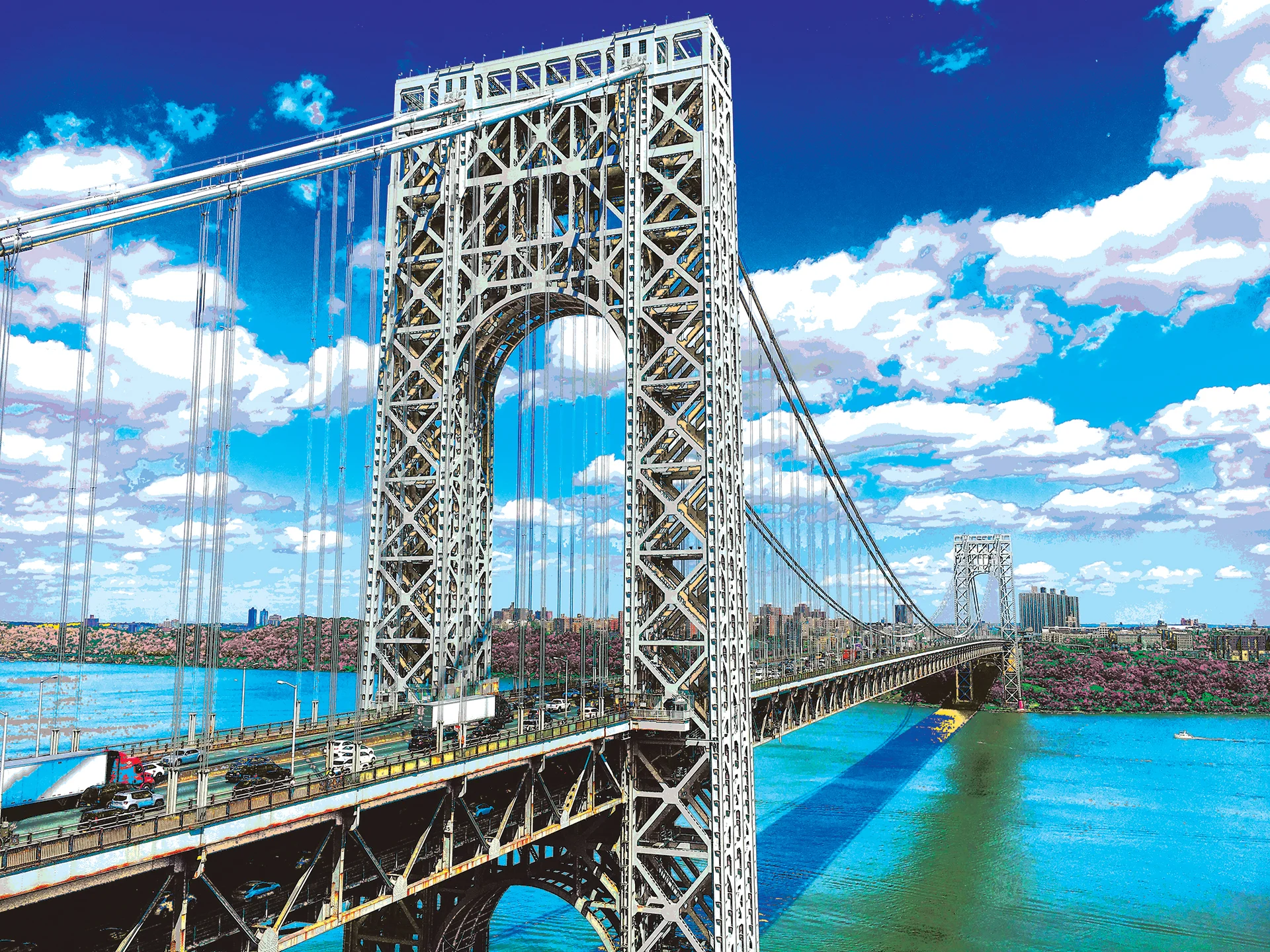 one boat two red trucks