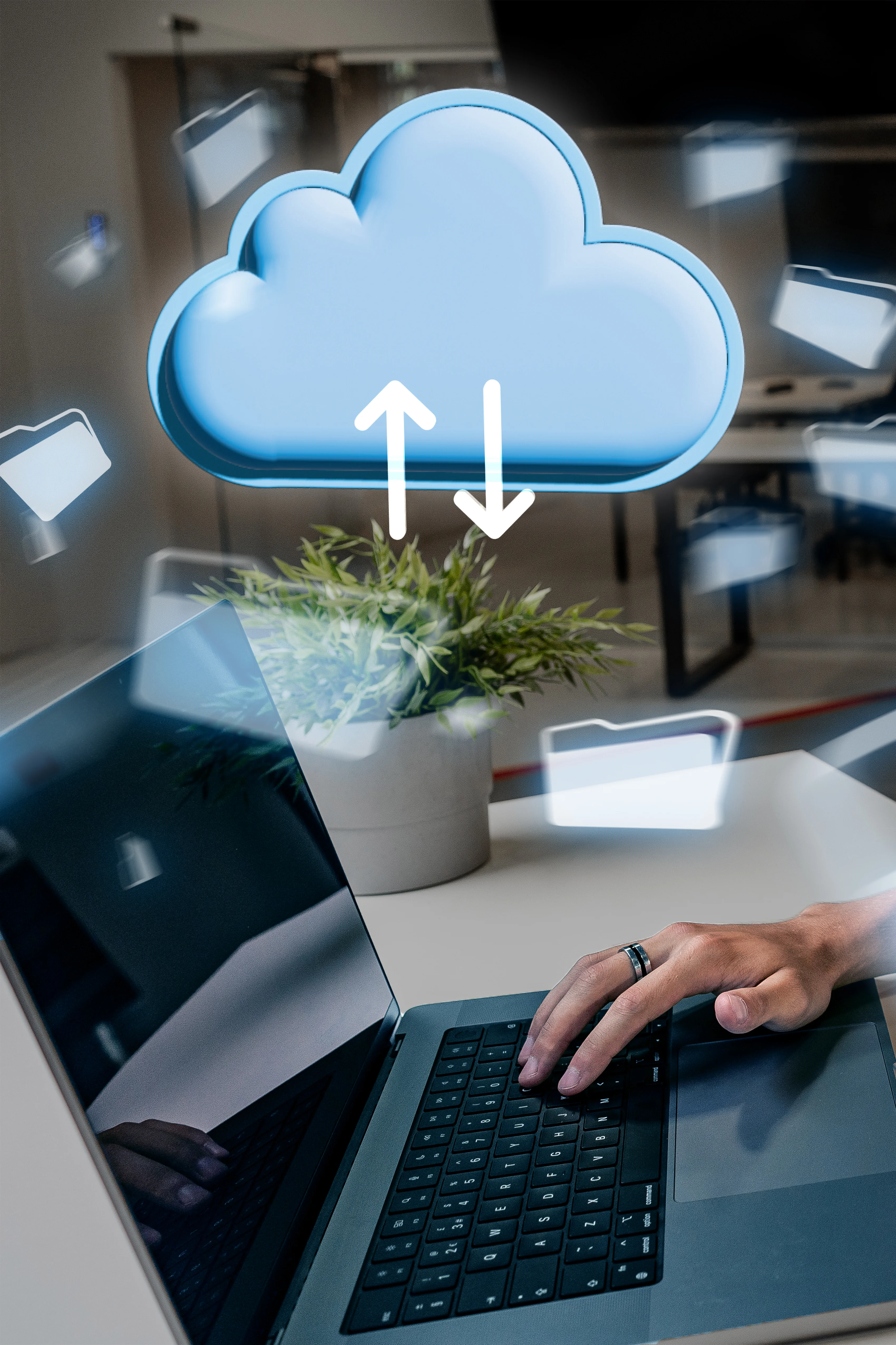 person using laptop download upload files cloud storage system
